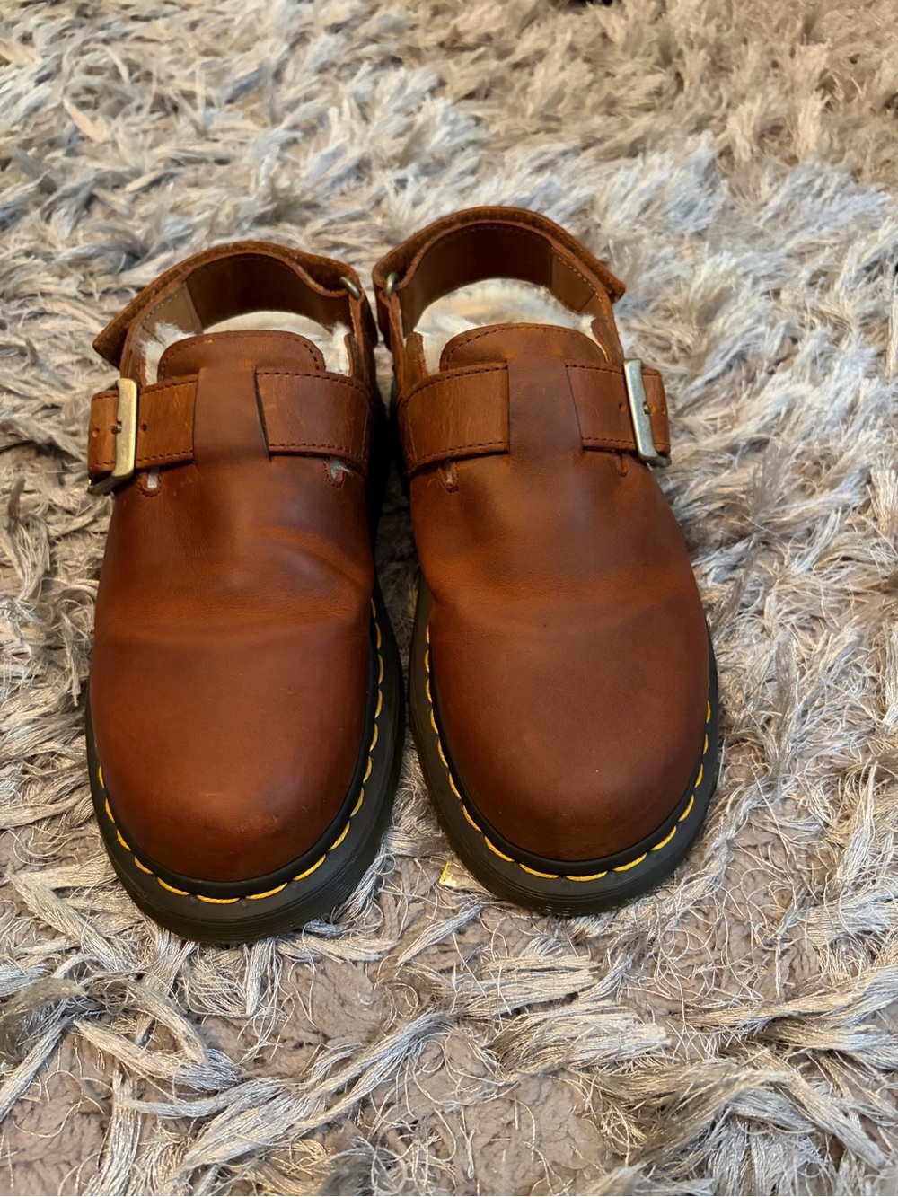 Dr. Martens Brown Leather Clog Sandals with Yellow Stitching